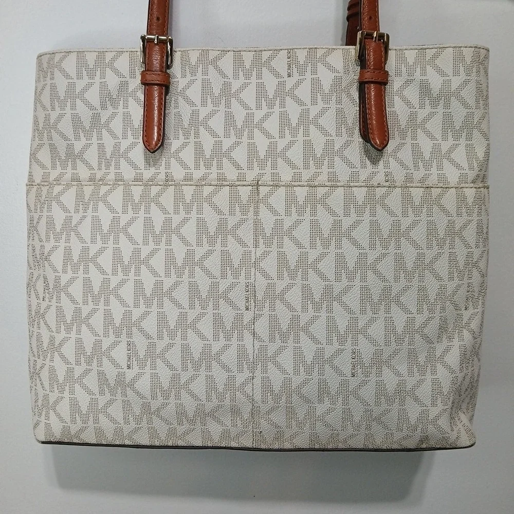 Michael Kors Bedford Tote White Monogram Canvas Leather Straps
